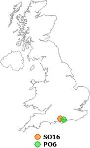 map showing distance between SO16 and PO6