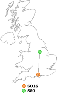 map showing distance between SO16 and S80