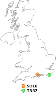 map showing distance between SO16 and TN37
