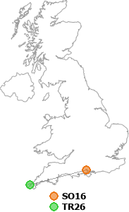 map showing distance between SO16 and TR26