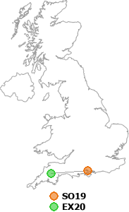 map showing distance between SO19 and EX20