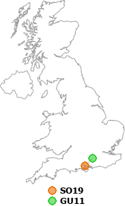 map showing distance between SO19 and GU11