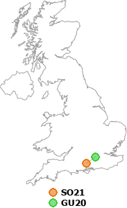 map showing distance between SO21 and GU20