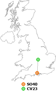 map showing distance between SO40 and CV23