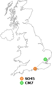 map showing distance between SO45 and CM7