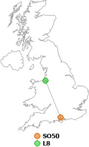 map showing distance between SO50 and L8