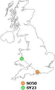map showing distance between SO50 and SY23