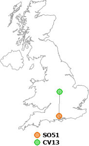 map showing distance between SO51 and CV13