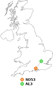 map showing distance between SO53 and AL3