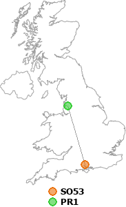 map showing distance between SO53 and PR1