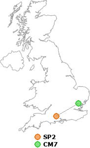 map showing distance between SP2 and CM7