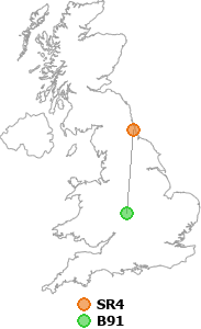 map showing distance between SR4 and B91