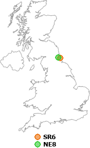 map showing distance between SR6 and NE8