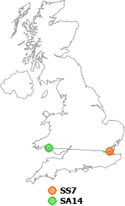 map showing distance between SS7 and SA14
