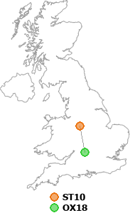 map showing distance between ST10 and OX18