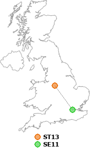 map showing distance between ST13 and SE11