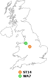 map showing distance between ST14 and WA7