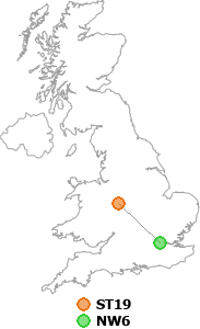 map showing distance between ST19 and NW6