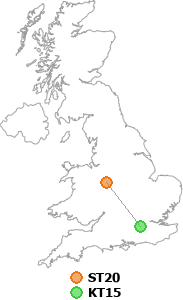 map showing distance between ST20 and KT15