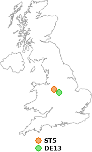 map showing distance between ST5 and DE13