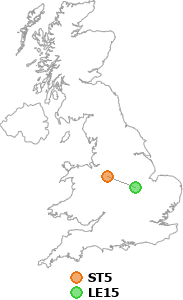 map showing distance between ST5 and LE15