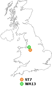 map showing distance between ST7 and WA13