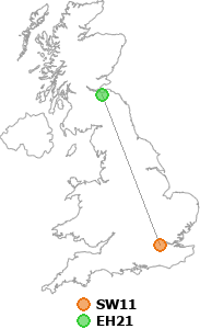 map showing distance between SW11 and EH21