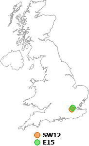 map showing distance between SW12 and E15
