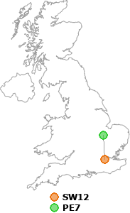 map showing distance between SW12 and PE7
