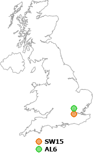 map showing distance between SW15 and AL6