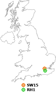 map showing distance between SW15 and RH1
