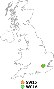 map showing distance between SW15 and WC1A