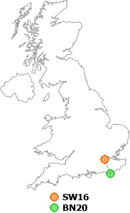 map showing distance between SW16 and BN20