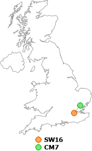 map showing distance between SW16 and CM7