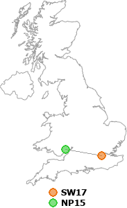 map showing distance between SW17 and NP15