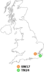 map showing distance between SW17 and TN24