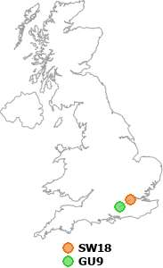 map showing distance between SW18 and GU9