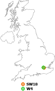 map showing distance between SW18 and W4