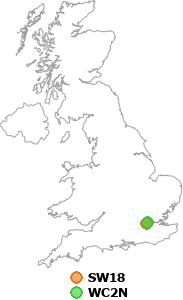 map showing distance between SW18 and WC2N