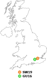 map showing distance between SW19 and GU16