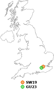 map showing distance between SW19 and GU23