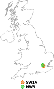 map showing distance between SW1A and NW9