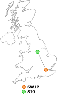 map showing distance between SW1P and S10