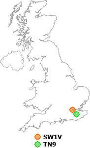 map showing distance between SW1V and TN9