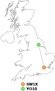 map showing distance between SW1X and YO10