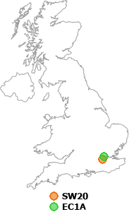 map showing distance between SW20 and EC1A