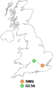 map showing distance between SW6 and GL56