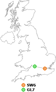 map showing distance between SW6 and GL7