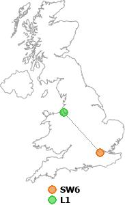 map showing distance between SW6 and L1