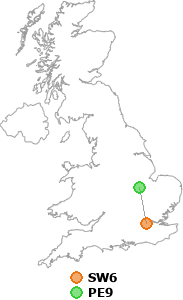 map showing distance between SW6 and PE9